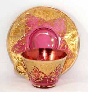 ANTIQUE BOHEMIAN MOSER STYLE ORNATELY GILDED CRANBERRY GLASS TEACUP & SAUCER - Picture 1 of 14