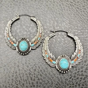 Boho Creolen Silber Türkis Intarsien Flügel Feder Baumeln Südwest Style - Bild 1 von 7