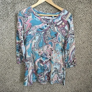 Chicos Top Women 0 US Small Blue Scoop Neck Paisley Print Slub Knit Tee Casual - Picture 1 of 7
