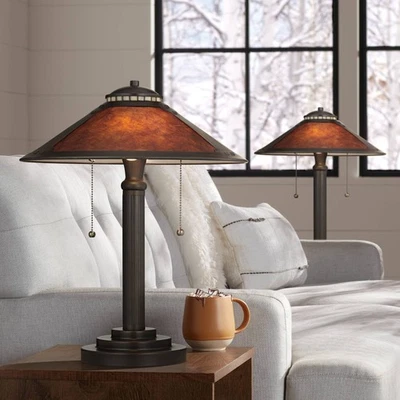 Mica Mission Tiffany Style Desk Table Lamps 18 1/2" High Set of 2 Rubbed Bronze - Image 1 of 4