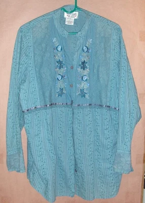 Blusa De Colección Grande Mainstreet Azul Bordado Azul Verde azulado Flores y Encaje Algodón Foto 1 de 4