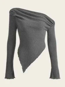 Women Solid Autumn Winter Grunge Asymmetrical Neck Rib-knit Tee Strapless Blouse - Picture 1 of 16