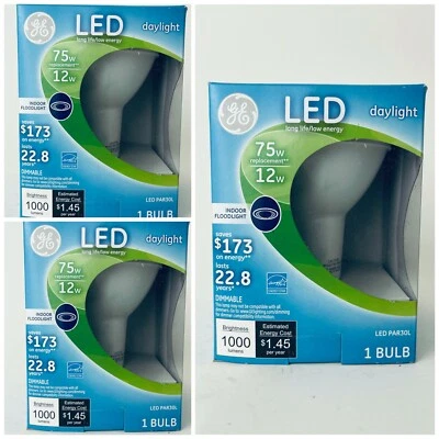 3 GE Indoor Floodlight Dimmable Light Bulb 12W 75W LED PAR30L Daylight  1klumens - Image 1 of 4