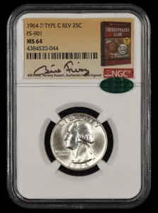 1964 D Washington Quarter Type C Reverse FS-901 NGC MS64 CAC Bill Fivaz Signed - Picture 1 of 2