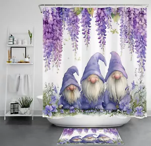 Green Leaf Purple Floral Spring Gnome Shower Curtain Bathroom Accessories Set - Picture 1 of 23