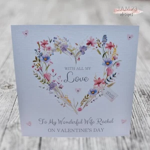 Personalised Valentine's Day Card Wife Girlfriend Partner Fiancee Floral Heart - Picture 1 of 8