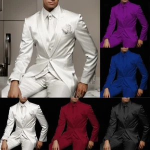 Shiny Satin Silk Men Suits 3pcs Sets Slim Fit Formal Prom Peak Lapel Tuxedos - Picture 1 of 20