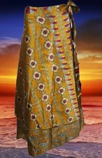 Boho Wrap Skirt Sunset Gold Silk Printed Double Layered Ankle Length Skirt
