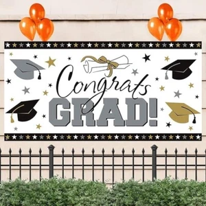 Large Graduation Party Banner Decoration Silver Gold Outdoor Indoor - Picture 1 of 4
