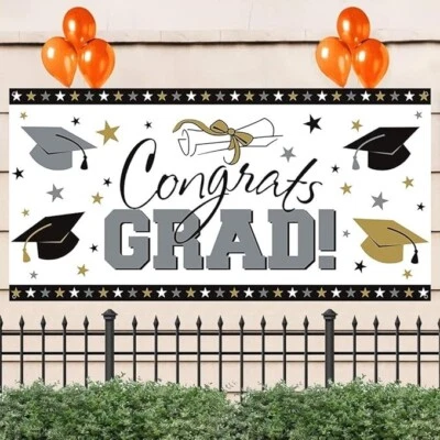 Large Graduation Party Banner  Decoration Silver Gold Outdoor Indoor - Image 1 of 4