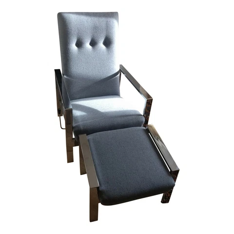 Mid-Century Modern Chrome Lounge Recliner and Ottoman Milo Baughman Designed Cover