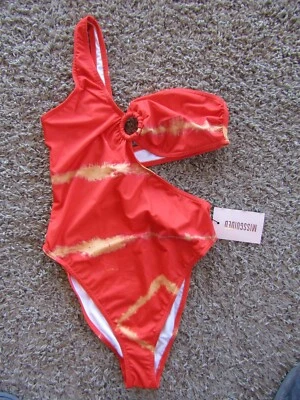 Maiô feminino novo com etiquetas Missguided Batik um ombro recortado laranja tamanho 6  - Imagem 1 de 4