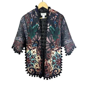 PECK & PECK Women's Quilted Pompom Trim Open Front Cardigan/Blazer Black Medium - Picture 1 of 9