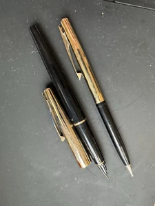 Vintage Sheaffer Fountain Pen & Mechanical Pencil Set Black Barrel & Gold - Picture 1 of 15