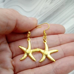 Starfish earrings gold tone brass dangles beach summer sealife womens jewellery - Picture 1 of 10