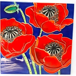 Decorative Handcrafted Ceramic Poppy Tile on Stand – 8" Square - Picture 1 of 9