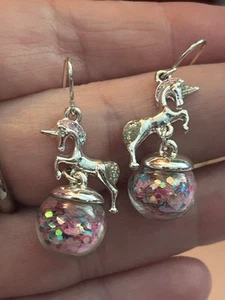 Silvertone Unicorn Rhinestone Pink Glitter Ball Pierced Earrings (G7) - Picture 1 of 5
