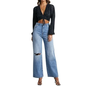 Abrand Jeans Womens 27 NEW High & Wide Alexis Rip Organic Cotton Vintage Blue - Picture 1 of 15