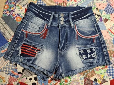 Pantalones Cortos Jeans Mujer S Estrellas Rayas Bandera Corte EE. UU. Denim Rojo Blanco Azul Foto 1 de 3