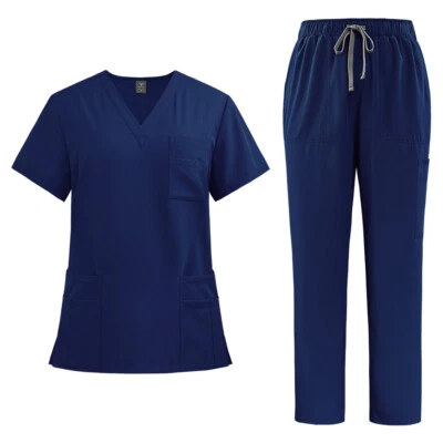 Niaahinn Medical Nurse Uniform Women Men Scrub Set V-Neck Top Straight Pant - Image 1 of 4