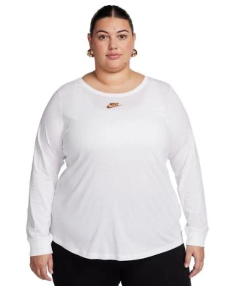 Nike Tee Women 2X White Gray Gold Long Sleeve Shirt Cotton FZ2463