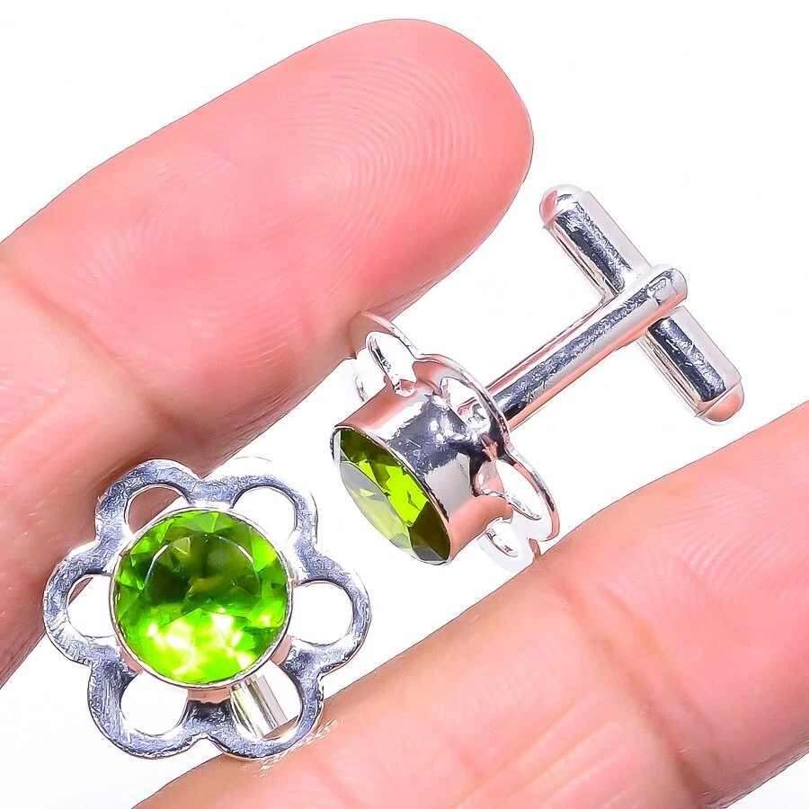 Green Peridot Gemstone Handmade 925 Sterling Silver Jewelry Cufflink - Image 1 of 1