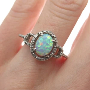 925 Sterling Silver Real Diamond Accent & Cabochon Opal Ring Size 8.25 - Picture 1 of 8