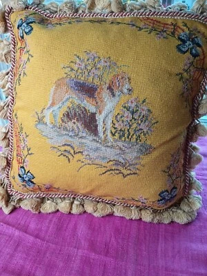Wool Needle  Point Throw Pillow Pointer Dog Cushion 16"Yellow Tassel  Hand Made - Image 1 of 4