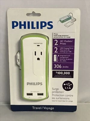 Philips Travel Surge Protector, 2 AC Outlets, 2 USB Charging Ports, 2.1 A - Image 1 of 4