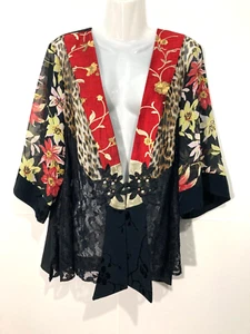 Spencer Alexis Kimono Top Brocade sheer Lace Lagenlook Floral BOHO Black 1X - Picture 1 of 12