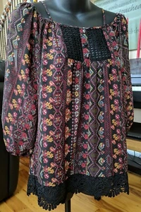 Rue 21 Shirt Bare Shoulder Sz S Lace Accents Floral Boho Blouse - Picture 1 of 12