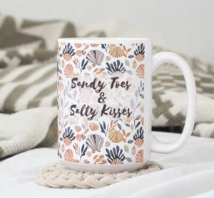 Sandy Toes & Salty Kisses Coffee Tea Mug Cup 15Oz Ceramic Summer Cup By Mugzan - Picture 1 of 7