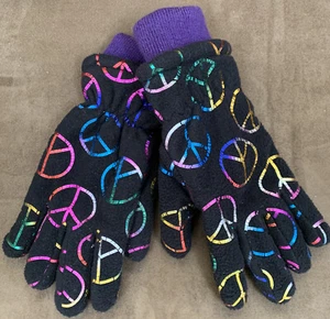 GIRLS GLOVES PEACE SIGNS IRIDESCENT SHIMMER AGE 8+ FLEECE TOASTY WARM SUPER CUTE - Picture 1 of 3