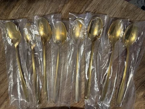 8 Vintage Rogers Cutlery Co. MCM Stainless Steel Gold Toned Ice Tea Spoons 7.5” - Picture 1 of 7