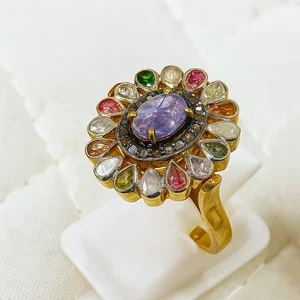 Tanzanite, Tourmaline Diamond Ring, 14k Gold Plated 925 Sterling Silver Jewelry - Picture 1 of 7