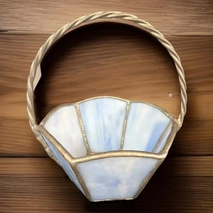 VTG Stained Glass Opalescent Blue Signed Basket W/ Pewter Silver Handle & Trim - Picture 1 of 13
