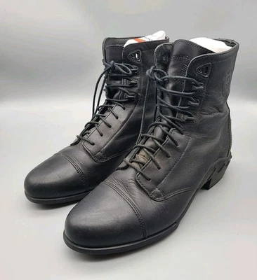 Botas de combate femininas ARIAT de couro preto com cadarço ganchos de velocidade vovó EUA 9,5 - Imagem 1 de 4