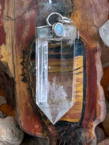 Clear Terminated Quartz Ethiopian Opal Artisan Made Sterling Silver Pendant .A5a - Picture 1 of 9