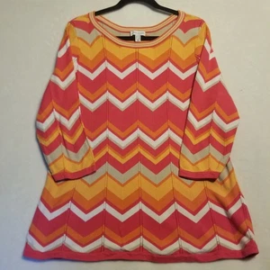 Susan Graver 1X Sweater Pink Orange Chevron Lightweight Tunic Boho Artsy Preppy - Picture 1 of 9