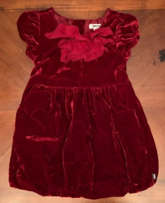 DKNY Girl's 4T Red Velvet Short Sleeve Lined Dress w Bow - Image 1 of 4