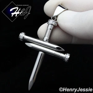 MEN's Stainless Steel Silver Bling Cubic Zirconia Nail Cross Charm Pendant*P104 - Picture 1 of 3