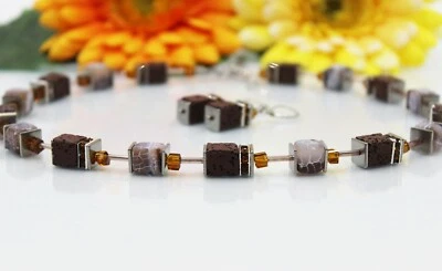 Würfelkette Schmuckset Ohrringe Collier Würfel Achat Lava Perlen Glas #E054 - Bild 1 von 4