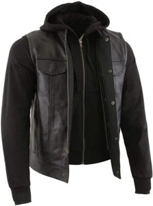 MILWAUKEE LEATHER MEN'S BLACK LEATHER CLUB STYLE VEST FULL SLEEVE HOODIE - SAOC - Picture 1 of 7