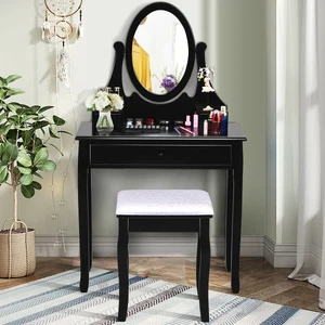 Bedroom Wooden Mirrored Makeup Vanity Set Stool Table Set Black - Picture 1 of 10