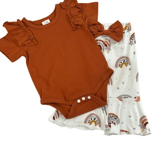 Baby Girl Romper and Rainbow Print Flared Pant Set - Picture 1 of 7