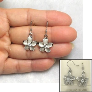 14mm Rhodium Plated Solid Silver 925 Plumeria Cubic Zirconia Earrings TPJ - Picture 1 of 6