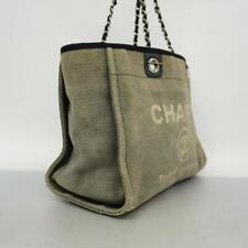 CHANEL Deauville Tote Bag Canvas Gray & Black Silver Chain CC Logo Handbag Auth