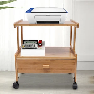 Printer Stand Wheels 2 Tiers Shelf Desk Machine Bamboo Cart Rolling Storage Rack - Picture 1 of 23