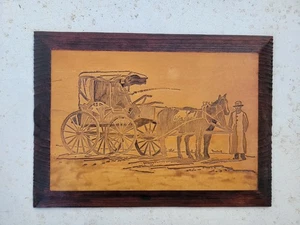 HORSE AND CART TOOLED MOUNTED LEATHER WALL ART MADE IN WESTERN AUSTRALIA - Bild 1 von 5