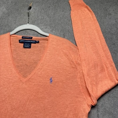 Suéter feminino Ralph Lauren esporte laranja linho gola V grande leve preppy - Imagem 1 de 4